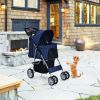 Simple Desight Foldable 4-Wheel Pet Stroller With Storage Basket - navy - Pets